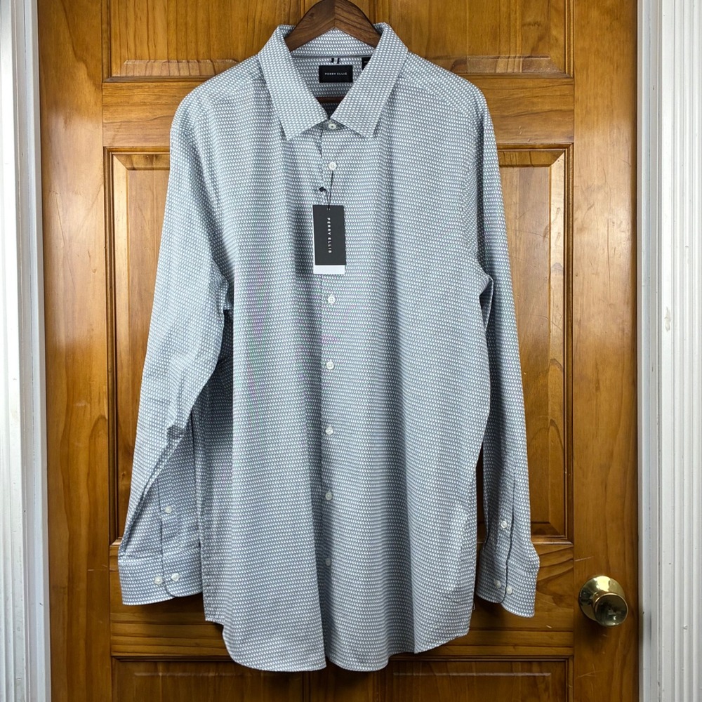 Perry Ellis Mens 2X L/S Button Down Shirt White Geometric Print Stretch Tencel